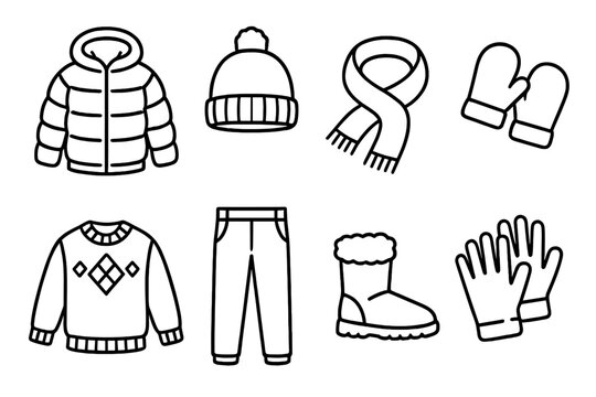 Winter clothing essentials icon set in simple linear style for cold weather, vector cartoon illustration with transparent background, warm apparel collection, cold season outfit icons