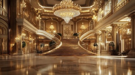 Obraz premium Grand Palace Interior: Opulent Gold Staircase and Chandelier