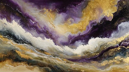 Abstract acrylic painting with swirling purple, gold, and white creating a dynamic and fluid motion