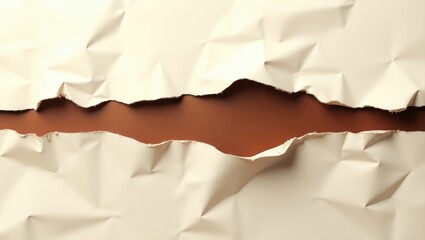 Rippled off-white paper sheets torn apart, revealing a rich, warm brown background.
