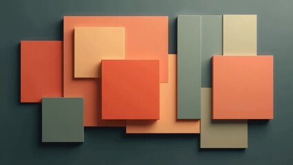 A geometric composition of overlapping squares in warm, muted tones creates a visually engaging abstract design.