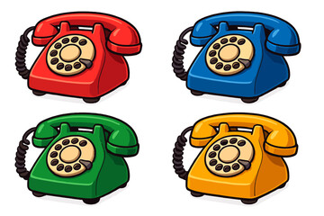 Retro 3d telephones in vibrant colors. Classic design vector cartoon illustration. Old rotary phone set. Vintage communication technology. Colorful icon collection isolated.