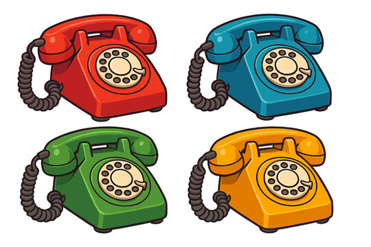 Retro 3d telephones in vibrant colors showcasing classic design. Vector cartoon illustration of old rotary phones. Vintage communication technology concept. Colorful set.
