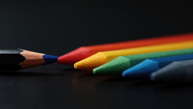 Colorful pencils in a vibrant display against a dark background, showcasing a spectrum of hues.