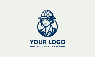 Illustration of a woman wearing a hard hat inside a circle, with placeholder text for a logo and tagline.