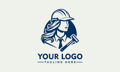Illustration of a woman in a hard hat with a hammer behind her, suitable for a construction or engineering logo.