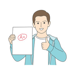 Smiling boy showing A test grade and giving thumbs up gesture