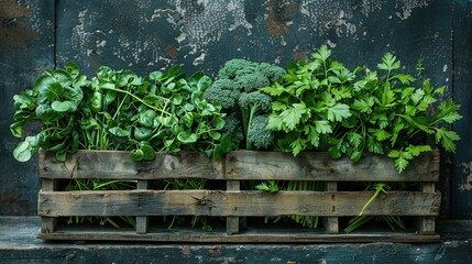 Fresh Green Vegetables and Herbs Arranged Beautifully in a Rustic Wooden Crate