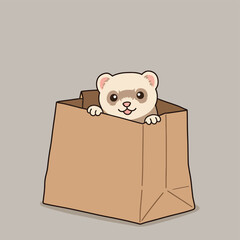 Cute flat design ferret peeking playfully from a bag, with expressive eyes and a charming smile, showcasing its curious and joyful nature. Vector illustration.