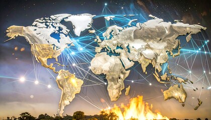 Global network map overlaid on world map, night sky backdrop with fire