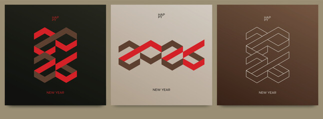 Bold geometric typography design for Happy New Year 2026 with isometric line style. Modern abstract look in black, red, and brown, perfect for posters, cards, and digital graphics