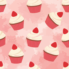 Delightful pattern of cupcakes with creamy frosting and fresh strawberries on a soft pink watercolor background. Flat design vector illustration.