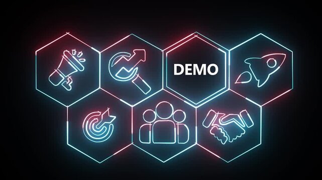 Neon line Business Demo concept animation on abstract technology background with rotating world map icon.4k animation video.