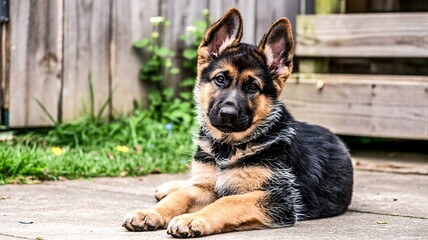 German Shepherd puppy lying on concrete with upright ears and curious gaze