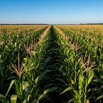 A vast expanse of corn stalks stretches across a wide field under a clear, vibrant blue sky.