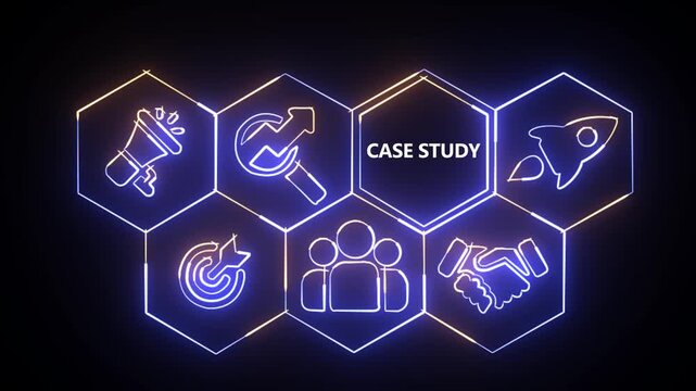 Glowing neon line Case Study business concept from a display of white hexagon shapes and symbols with a blue tint. abstract technology background with rotating world map icon.4k motion video..