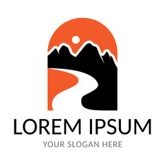 mountain peak and river vector logo