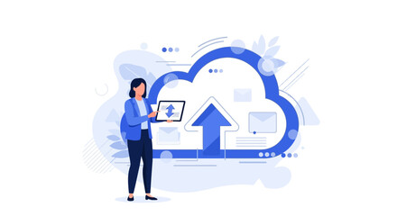 Naklejka premium Woman Uploading Data To Cloud Storage, Modern Digital Concepts, Illustration Graphic Design