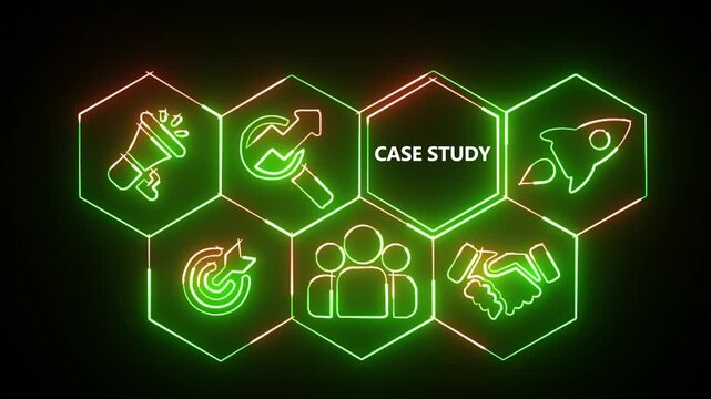 Glowing neon line Case Study business concept from a display of white hexagon shapes and symbols with a blue tint. abstract technology background with rotating world map icon.4k motion video..