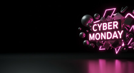 Futuristic cyber monday abstract design featuring glowing geometric elements and dedicated left-side copy space. Ideal for use in e-commerce ads, web banners, digital campaigns