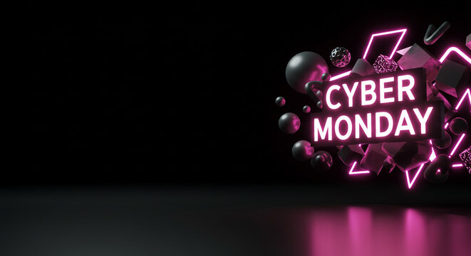 Futuristic cyber monday abstract design featuring glowing geometric elements and dedicated left-side copy space. Ideal for use in e-commerce ads, web banners, digital campaigns