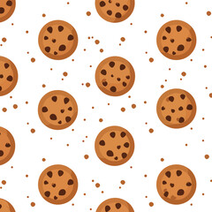 Obraz premium A delightful flat design pattern of delicious chocolate chip cookies with scattered crumbs on a clean white background. Perfect for food-related projects.