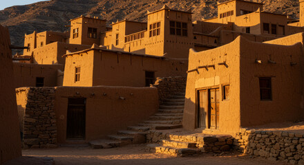 Golden light of sunset on traditional mudbrick houses in a mountain village.