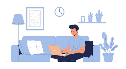 Fototapeta premium Young Man Working At Home Using His Laptop In Comfortable Living Room Setting