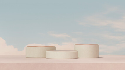 Modern minimalist scene with two podium platforms on pastel pink background and dreamy cloud sky. Ideal for skincare, cosmetic branding, product mockup, fashion advertising, and lifestyle presentation
