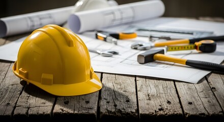 Fototapeta premium Yellow Construction Helmet with Tools and Blueprints on Wooden Surface Close-Up of Safety Gear and Construction Tools for Project Planning 