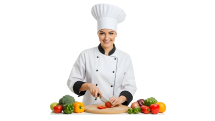 Professional Chef Cutting Fresh Tomato on Wooden Board Healthy Cooking Concept with Chef isolated transparent background