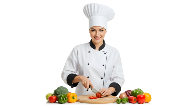 Professional Chef Cutting Fresh Tomato on Wooden Board Healthy Cooking Concept with Chef isolated transparent background  - Powered by Adobe