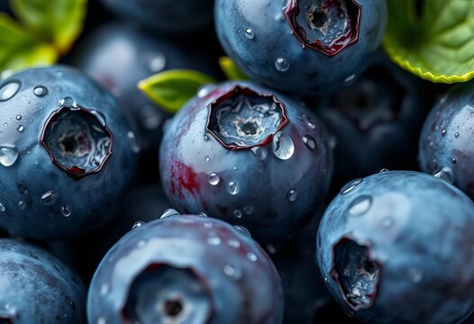 Juicy blueberries glistening with water droplets, macro close-up , blueberry,   vegan food