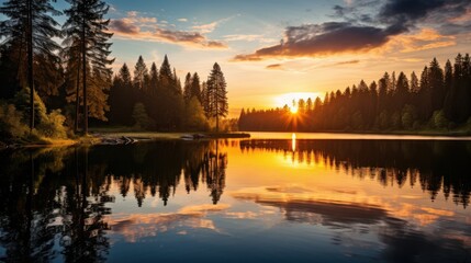 Golden hour sunbeams over tranquil forest lake reflections sunset trees