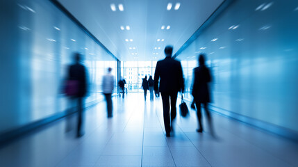 Fototapeta premium Motion blur of business people walking in modern office corridor. 