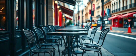 Empty black metal cafe tables and chairs on a city street, summer, metal