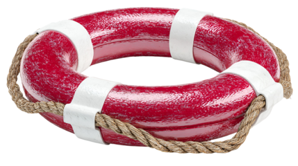 Red and White Life Preserver with Rope for Water Safety and Emergency Rescue Equipment on Transparent