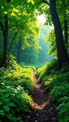 Dense, wild bush land explodes with vibrant green foliage, sunlight dappling through leaves onto the earthy ground A haven of untamed nature, teeming with life , spring, leaves