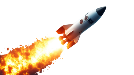 Rocket Launching into Space with Fiery Exhaust Trail on Transparent Background Space Exploration and Technological Advancement