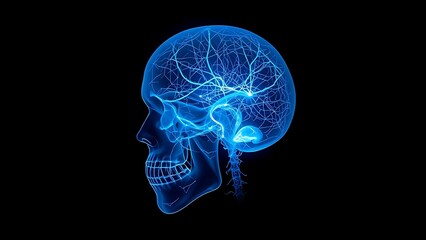 Bioluminescent neural networks pulsing inside a translucent human skull in darkness.