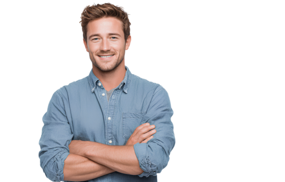 handsome, smiling man in a blue shirt with arms crossed, isolated on a transparent background..png