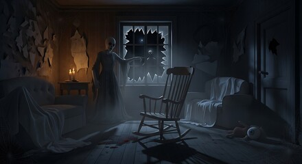A shadowy, haunted room with a spectral figure and a shattered window, evokes a sense of dread and mystery.