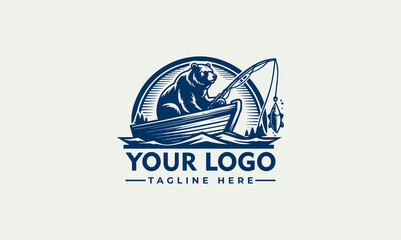 Vintage logo design featuring a bear fishing from a small boat, set within a stylized nautical scene.