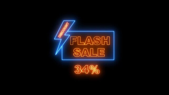 Neon Flash Sale Discount 34 Percent Sign With Lightning Bolt On Black Background image photo
