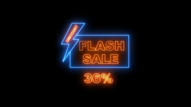 Neon Flash Sale Discount 36 Percent Sign With Lightning Bolt On Black Background image photo