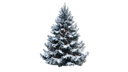 Snow Covered Evergreen Tree Isolated on Transparent Background for Winter Holiday Designs and Seasonal Greetings