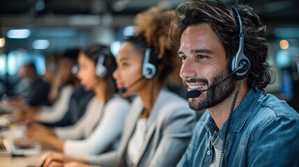 A focused male call center agent smiles while assisting customers, with colleagues engaged in similar tasks in a modern office setting.