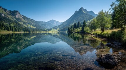 A serene mountain lake reflects majestic peaks and lush greenery, creating a picturesque natural landscape.