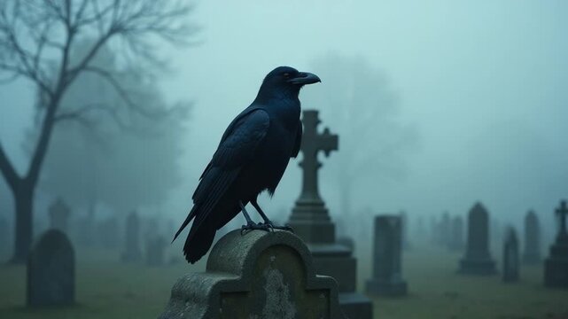 Spooky Raven in a Foggy Cemetery.