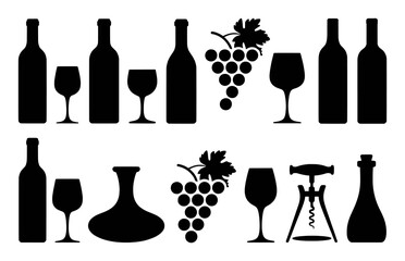 Black Silhouette Icons of Wine Bottles, Glasses, Grapes, and Corkscrew